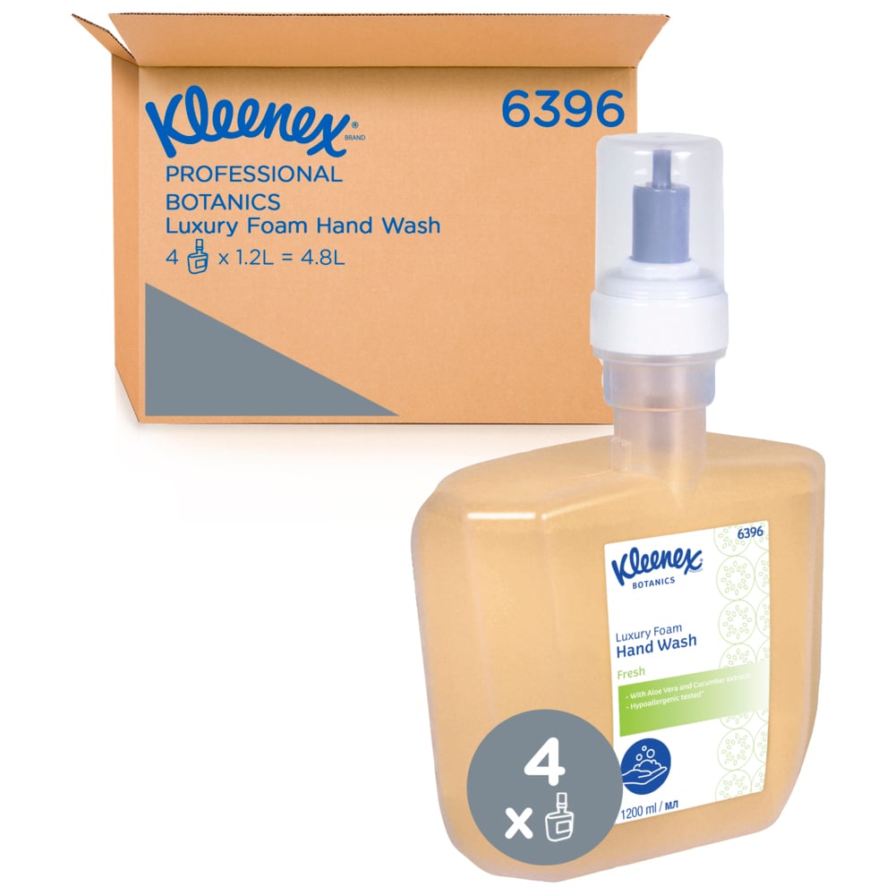 Una scatola della Kimberly-Clark GmbH con la scritta "Kleenex® Botanics™ Luxury Foam Hand Wash - 1.2L Cassette / 4 Electronic Cassettes" è posizionata davanti a una confezione di ricarica da 1,2L, entrambe con il logo Kleenex® e le informazioni sul prodotto.