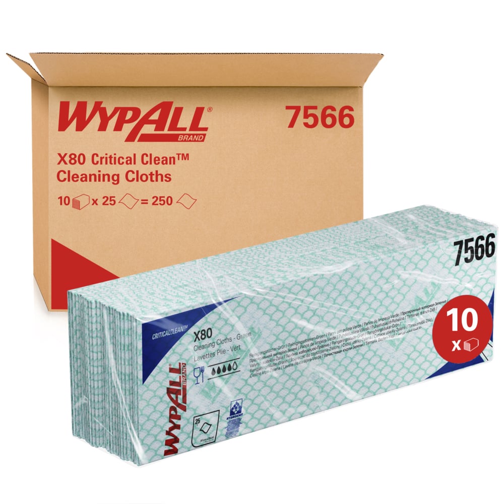 Abgebildet ist eine Schachtel mit der Aufschrift "WypAll® X80 Critical Clean - Interfold, 41,00 cm x 33,00 cm" der Kimberly-Clark GmbH mit gestapelten Reinigungstüchern für kritische Umgebungen in Kunststoffverpackungen, die auf 10 Packungen mit je 25 Tüchern für die industrielle Reinigung hinweisen.