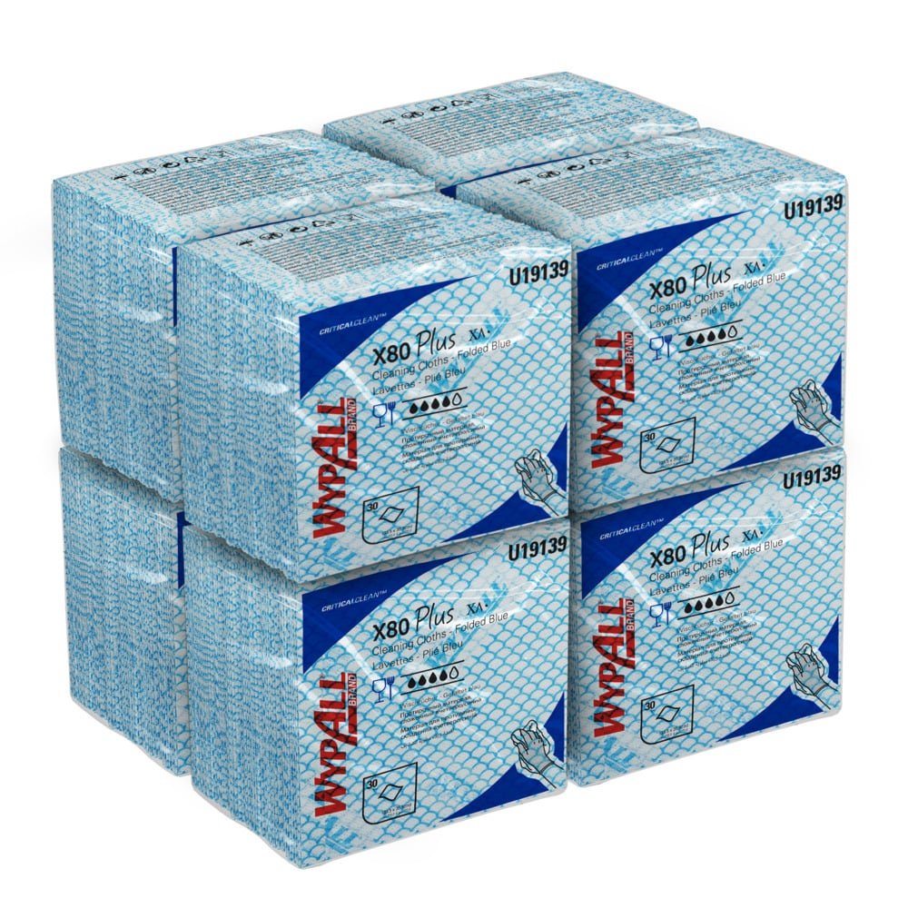 Otto confezioni di panni WypAll® X80 Plus Critical Clean di Kimberly-Clark GmbH con 30 fogli blu piegati in quarti ciascuna in un imballaggio di marca blu e bianco - perfetti per ambienti critici.