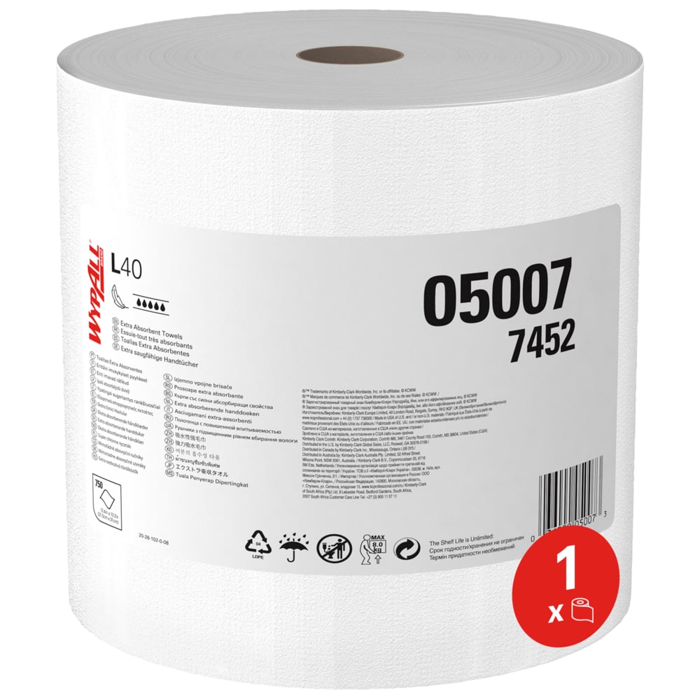 Un grande rotolo bianco WypAll® L40 PowerClean di Kimberly-Clark GmbH (1 rotolo x 750 fogli, cartone) è dotato del numero d'articolo 05007 7452, simboli di applicazione e un simbolo rosso "1 x" che evidenzia l'elevata capacità di assorbimento.