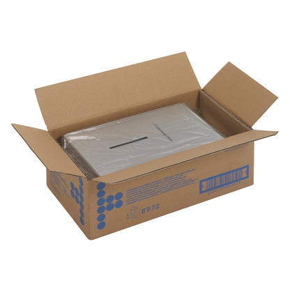 Una scatola aperta con grafica blu Kimberly-Clark GmbH e codice a barre contiene un distributore di carta igienica Kimberly-Clark Professional™ in acciaio inossidabile parzialmente visibile, confezionato in modo chiaro, ideale per bagni commerciali.