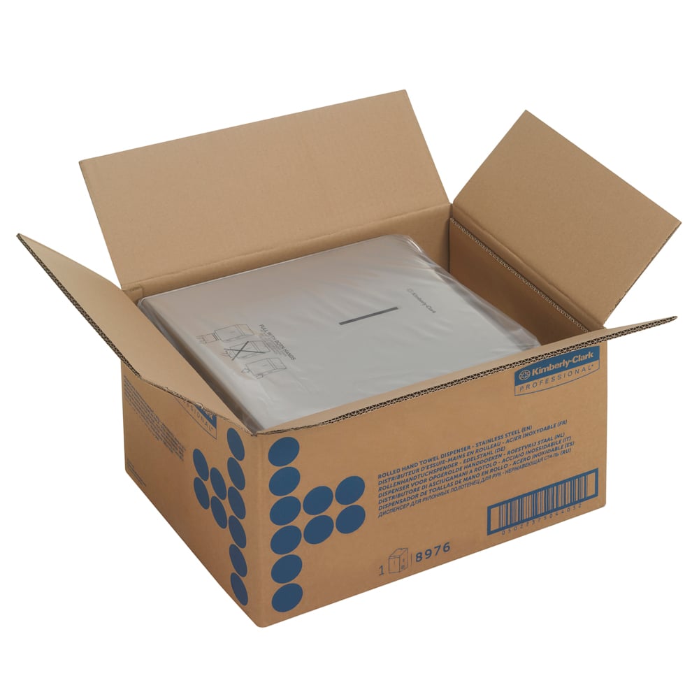 Eine offene Schachtel mit blauer Kimberly-Clark Professional™ Grafik enthält einen Kimberly-Clark GmbH Rollenhandtuchspender (Edelstahl, 1 Spender), geeignet für die Verwendung mit Handtuchspender oder Rollenhandtuchspender Edelstahl.