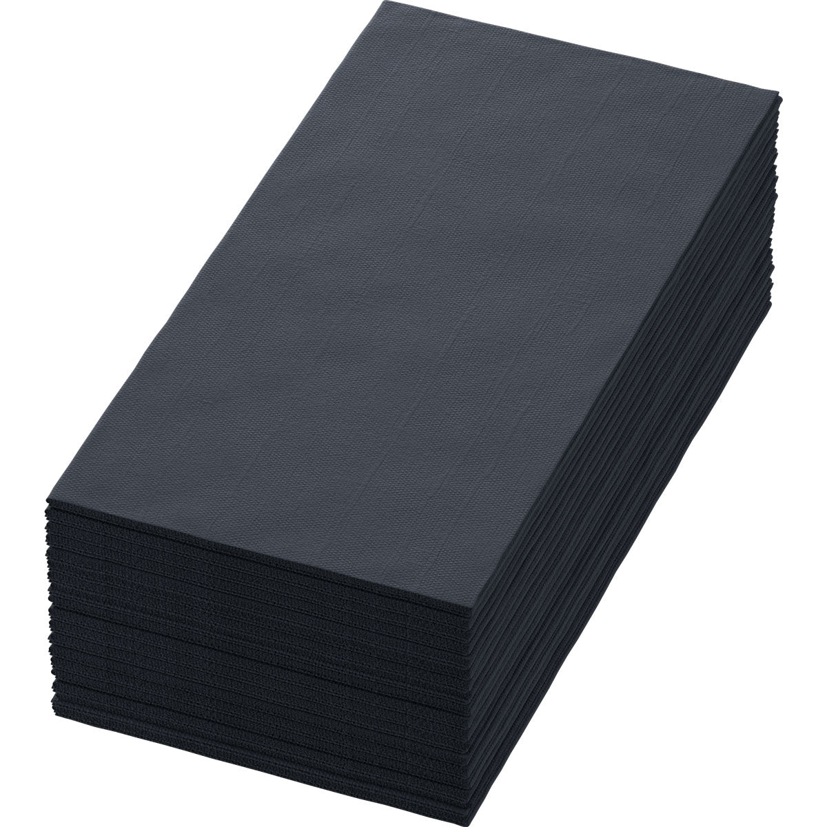 Un pacco di tovaglioli Duni GmbH Zellt.Serv.40x40 3lg 1/8 BF nero, tovaglioli neri di alta qualità (40x40 cm, 3 strati, confezione da 250), è posato pulito e non utilizzato su uno sfondo bianco.