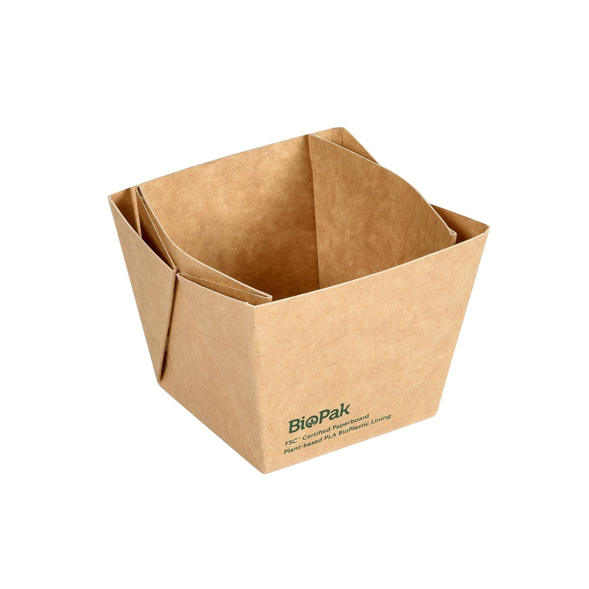 Il contenitore per alimenti da asporto Viking Cube Mini 250 ml marrone e quadrato (75x75x60mm) della Duni GmbH è aperto e mostra il suo interno e il suo design piegato. È realizzato in cartone/PLA, ecologico e viene fornito in confezioni da 300 pezzi.