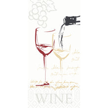 Uno schizzo di due bicchieri di vino, uno dei quali riempito, uva e motivi scritti, oltre a "WINE" sul bordo inferiore, adorna l'articolo fuori produzione di Duni GmbH Zellt.Serv. 33x33cm a 2 strati (300 tovaglioli/confezione).