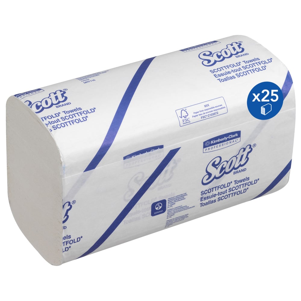 Ein Karton mit Kimberly-Clark Scott® SCOTTFOLD* Handtüchern, weiß, mittel, enthält 25 Päckchen à 175 Blatt; ideal für effiziente Händetrocknung. Verpackung in Weiß/Blau mit Produktinfos auf Englisch und Spanisch.