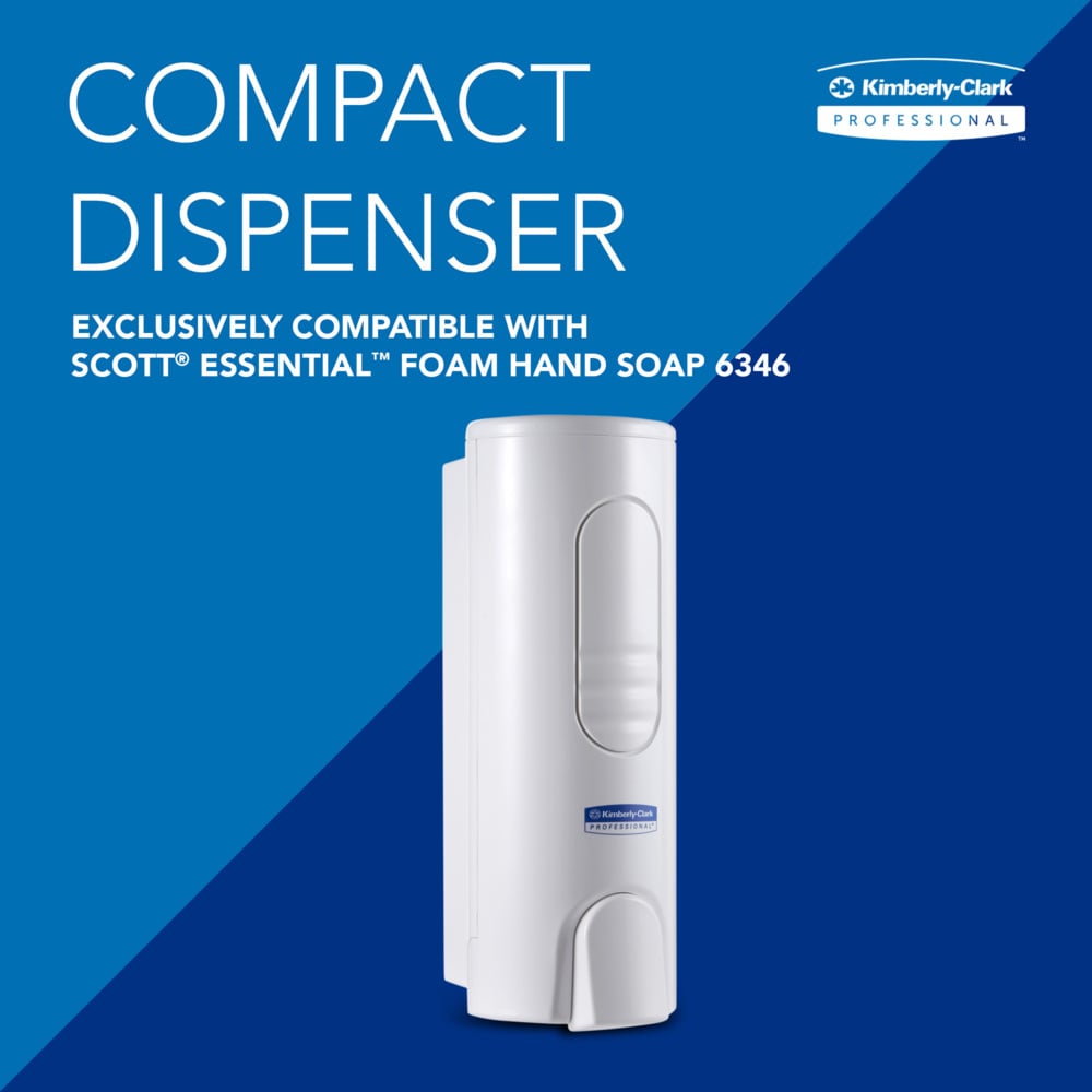 Un distributore bianco Kimberly-Clark GmbH per sapone schiumoso lussuoso (200ml) è raffigurato su sfondo blu, ideale per bagni. Esclusivo per Scott Essential Foam Hand Soap 6346. 1 distributore per cartone, da Kimberly-Clark Professional™.