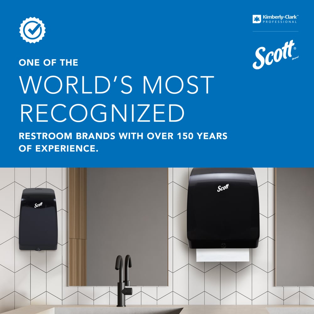 Eine Toilette mit einem Scott Papierhandtuchspender, einem Kimberly-Clark Professional™ Coreless Toilet Tissue Spender (Weiß) und einem Scott Seifenspender über dem Waschbecken. Der obere Bereich hebt 150 Jahre Erfahrung und Nachhaltigkeit von Scott hervor.