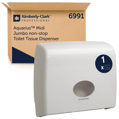 Il distributore di carta igienica Aquarius™ - Jumbo Non-Stop di Kimberly-Clark GmbH in bianco offre una soluzione pratica e igienica per le tue esigenze di carta igienica. 1 distributore per cartone.