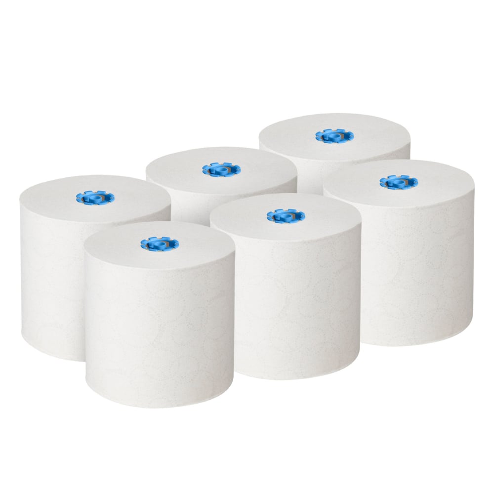 Sei rotoli bianchi di asciugamani Kleenex® E-roll Large (1 strato, 6x250m) della Kimberly-Clark GmbH sono disposti in due file e hanno un nucleo blu visibile - ideali per l'asciugatura igienica delle mani e realizzati con carta riciclata.