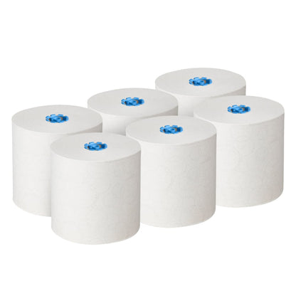 Sei rotoli bianchi di asciugamani Kleenex® E-roll Large (1 strato, 6x250m) della Kimberly-Clark GmbH sono disposti in due file e hanno un nucleo blu visibile - ideali per l'asciugatura igienica delle mani e realizzati con carta riciclata.