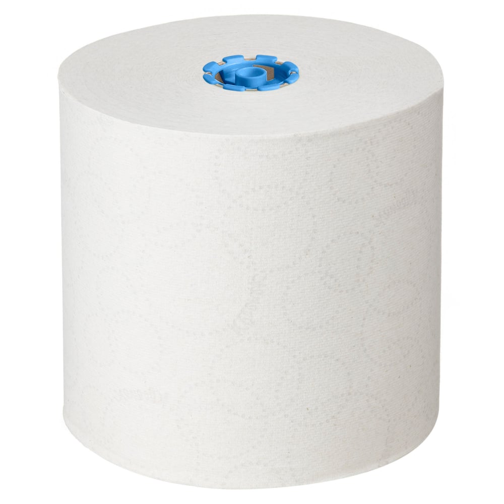 Un grande rotolo bianco di asciugamani Kleenex® - E-roll Large, 1 strato, 250m di Kimberly-Clark GmbH è posizionato verticalmente con un nucleo blu su sfondo bianco, ideale per l'asciugatura igienica delle mani. La scatola contiene 6 rotoli.