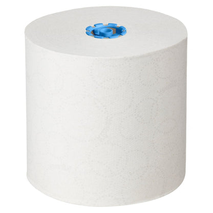 Un grande rotolo bianco di asciugamani Kleenex® - E-roll Large, 1 strato, 250m di Kimberly-Clark GmbH è posizionato verticalmente con un nucleo blu su sfondo bianco, ideale per l'asciugatura igienica delle mani. La scatola contiene 6 rotoli.