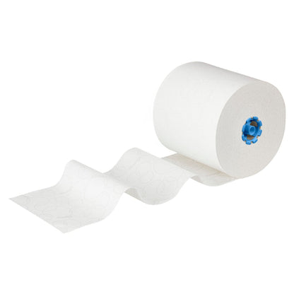 Gli asciugamani Kleenex® E-roll Large della Kimberly-Clark GmbH, 1 strato bianco, 6x250m rotoli per cartone, sono parzialmente srotolati per mostrare il loro motivo strutturato - perfetto per l'asciugatura igienica delle mani - su sfondo bianco.
