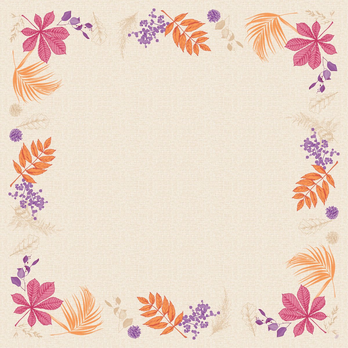 La tovaglia quadrata color beige Dunicel 84x84 "Bright Autumn" di Duni GmbH presenta un bordo di foglie autunnali, rami arancioni e fiori viola - ideale come decorazione da tavola. Confezione: 20 pezzi.