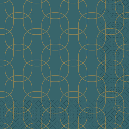 Die Servietten 33x33 cm, 3-lagig, Golden Deco von Duni GmbH haben einen tealfarbenen Hintergrund mit überlappenden goldenen Kreisen und Ovalen, gepunktete Akzente unten rechts und einen kleinen "DUNI"-Schriftzug - ideal für festliche Anlässe. Packung (50 Stück).