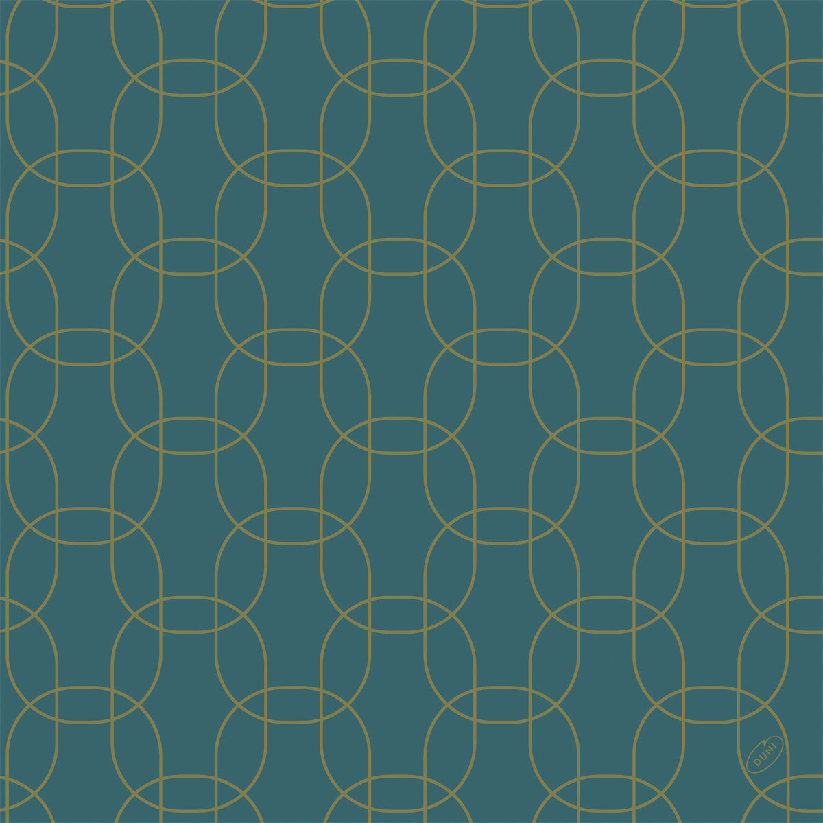 Ein geometrisches Muster aus ineinander greifenden goldenen Kreisen auf dunklem Teal ist auf Dunisoft-Serv gedruckt. 40x40cm von Duni GmbH. Es bildet ein symmetrisches Raster mit dem dezenten Schriftzug "MIRO" in der rechten unteren Ecke.