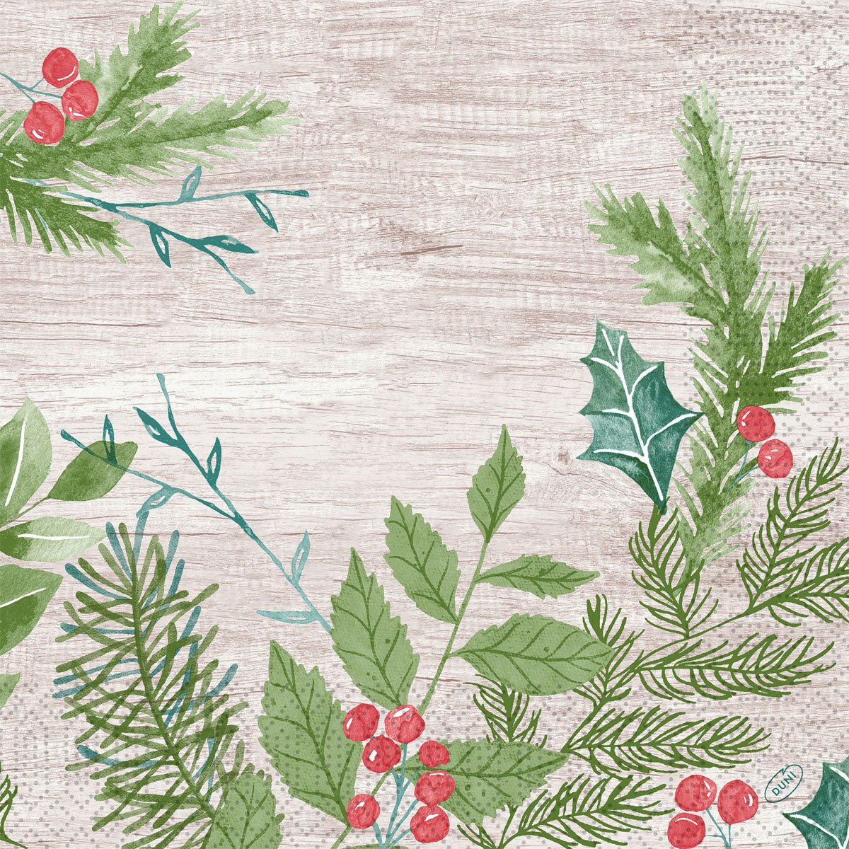 Invernale verde acquerellato con pino, agrifoglio, rami di abete e bacche rosse su uno sfondo di legno chiaro. Ideale per tovaglioli Duni GmbH 40x40 3 strati 1/4 Winter Greenery (confezione da 250 pezzi) Designs.
