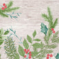 Invernale verde acquerellato con pino, agrifoglio, rami di abete e bacche rosse su uno sfondo di legno chiaro. Ideale per tovaglioli Duni GmbH 40x40 3 strati 1/4 Winter Greenery (confezione da 250 pezzi) Designs.