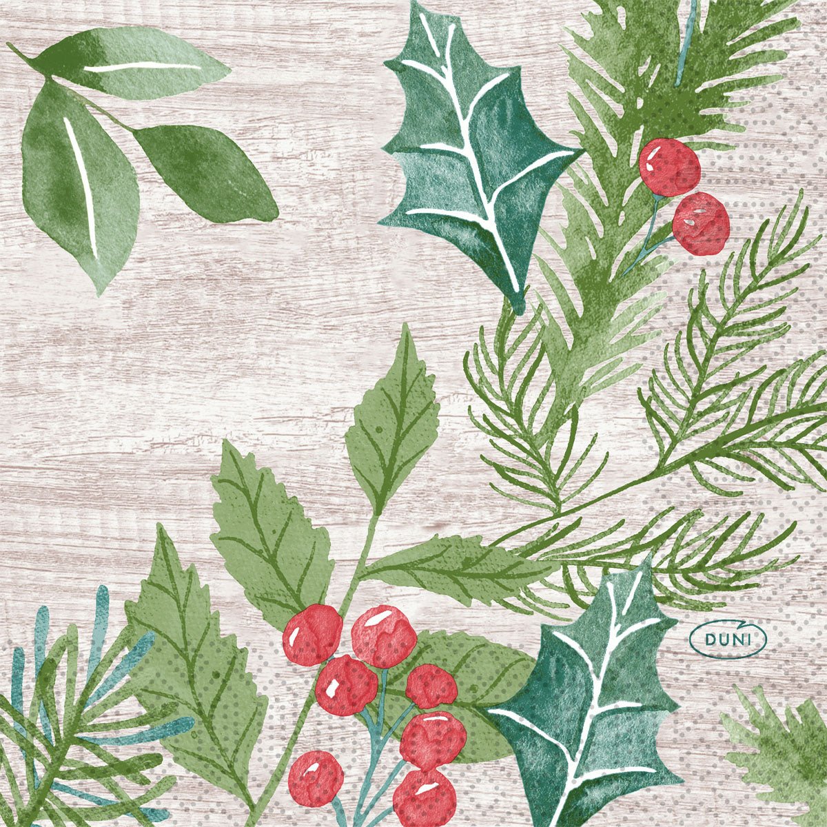 Illustrazione festosa di agrifoglio verde, abete e bacche rosse su uno sfondo di legno chiaro. Questo design dettagliato è ideale per tovaglioli 24x24 a 3 strati 1/4 Winter Greenery (50 pezzi) di Duni GmbH.