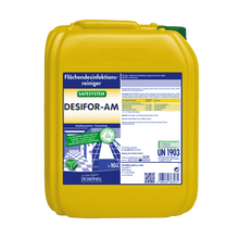 Ein gelber 10-Liter-Kunststoffbehälter von Dr. Schnell DESIFOR-AM Flächendesinfektion der DR.SCHNELL GmbH & Co. KGaA, mit Produktinformation und Sicherheitsetiketten in blau, weiß und grün.