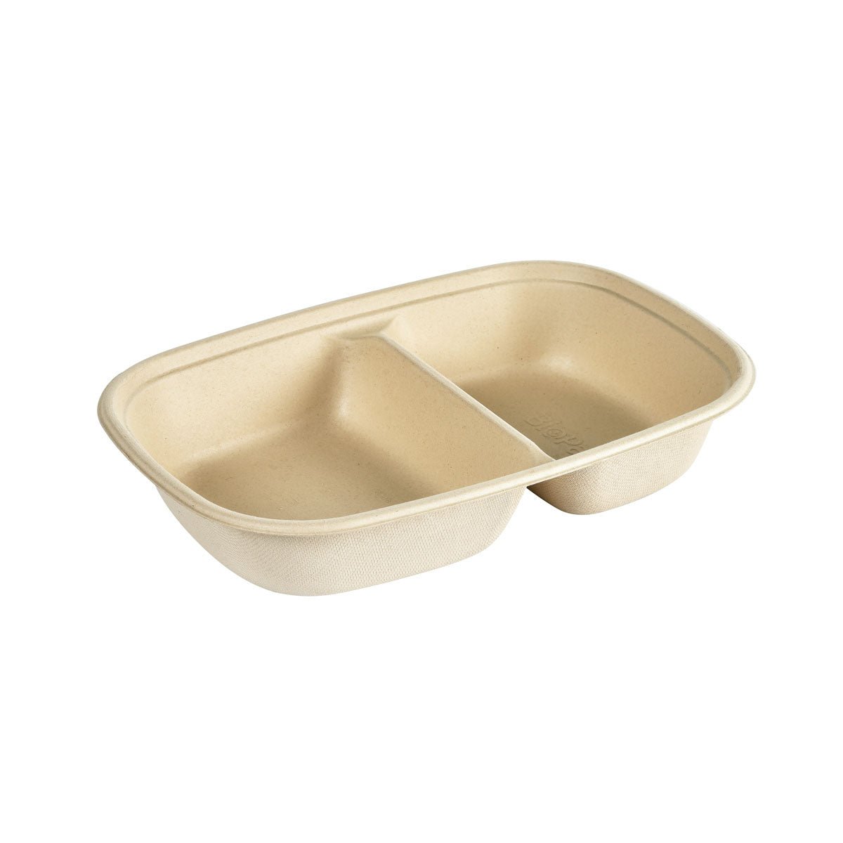 Una ciotola a cubo rettangolare marrone da 400/500 ml della Duni GmbH in bagassa rivestita in PBAT/PLA con due scomparti e bordi arrotondati è vuota e raffigurata obliquamente su uno sfondo bianco. Confezione: 40 pezzi (249x172x45 mm).