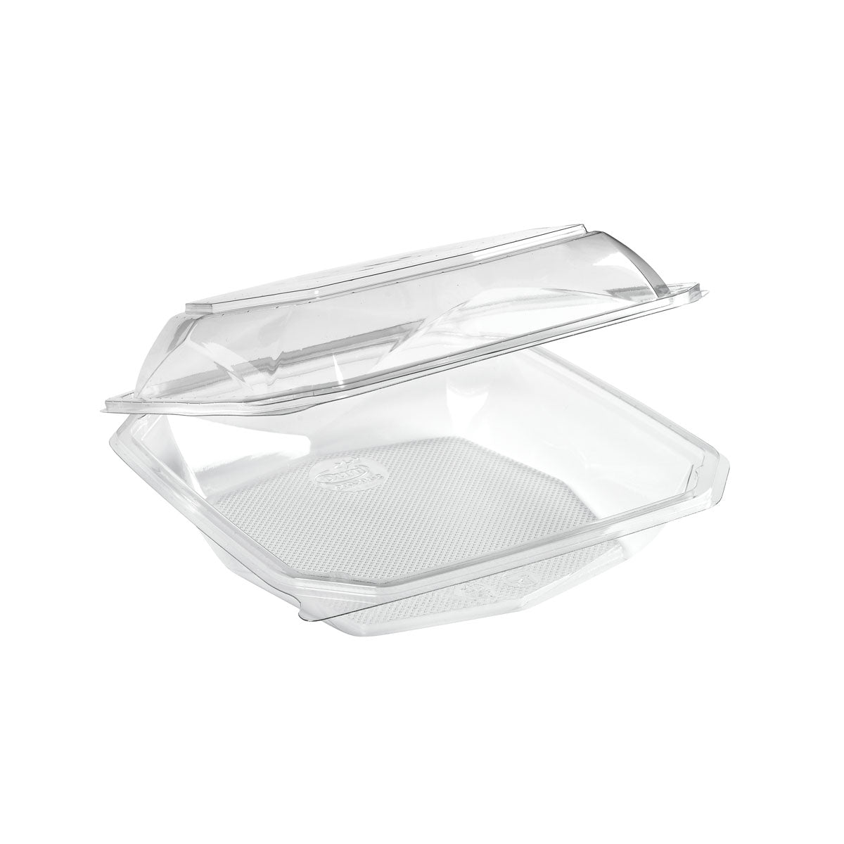 Il contenitore per alimenti trasparente Duni GmbH rPET Octaview® da 400 ml (125x125x80 mm), aperto e vuoto su sfondo bianco, è un'opzione di imballaggio sostenibile. La confezione contiene 400 pezzi.