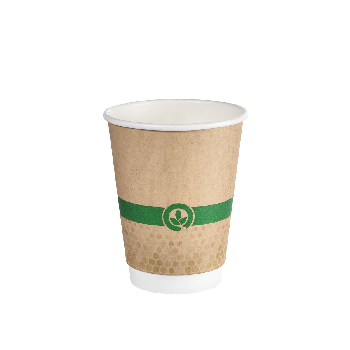 A Duni GmbH Melli Cups Becher Double Wall 470 ml, stampato con cartone e rivestimento a base d'acqua, si erge in piedi su sfondo bianco e mostra il design ecologico della confezione (18 pezzi).