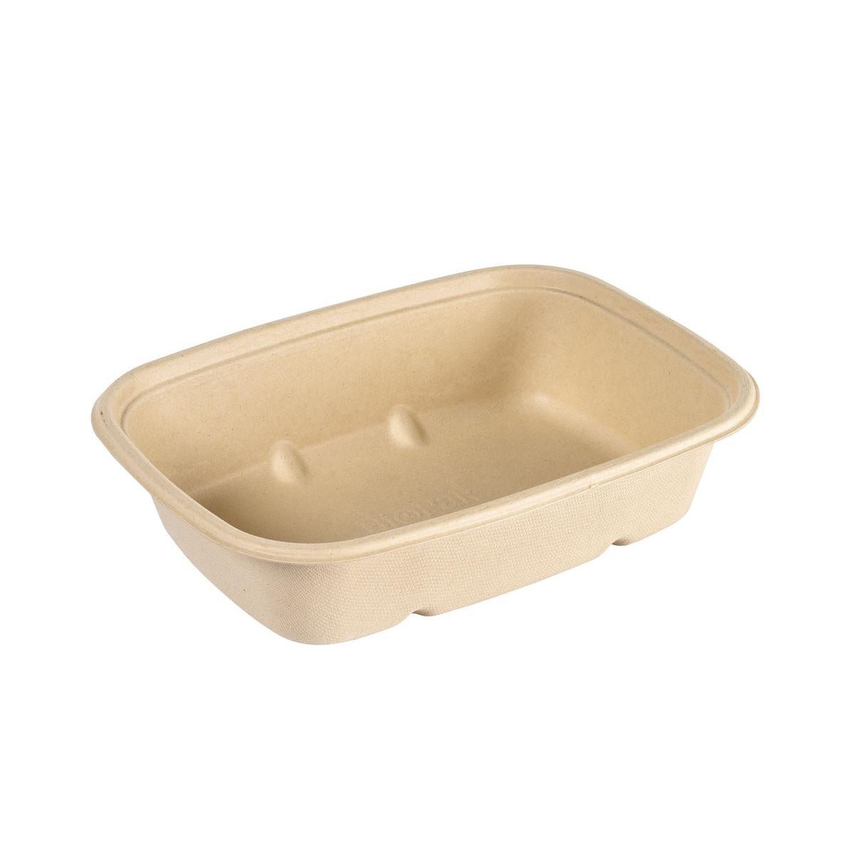 La ciotola rettangolare Cube Bowl 900 ml in bagassa marrone non rivestita (214x159x54) di Duni GmbH, con angoli arrotondati e cavità interne rialzate, è una ciotola monouso ecologica e viene mostrata vuota su sfondo bianco.