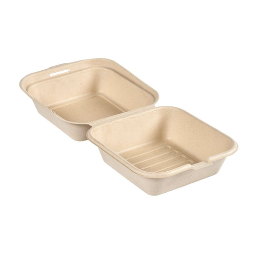 Il contenitore Clamshell da 475 ml - non rivestito, in bagassa marrone, 155x155x80 della Duni GmbH (confezione da 50 pezzi) è un contenitore da asporto in fibra modellata, biodegradabile e di colore marrone chiaro: un imballaggio ecologico per i vostri pasti.