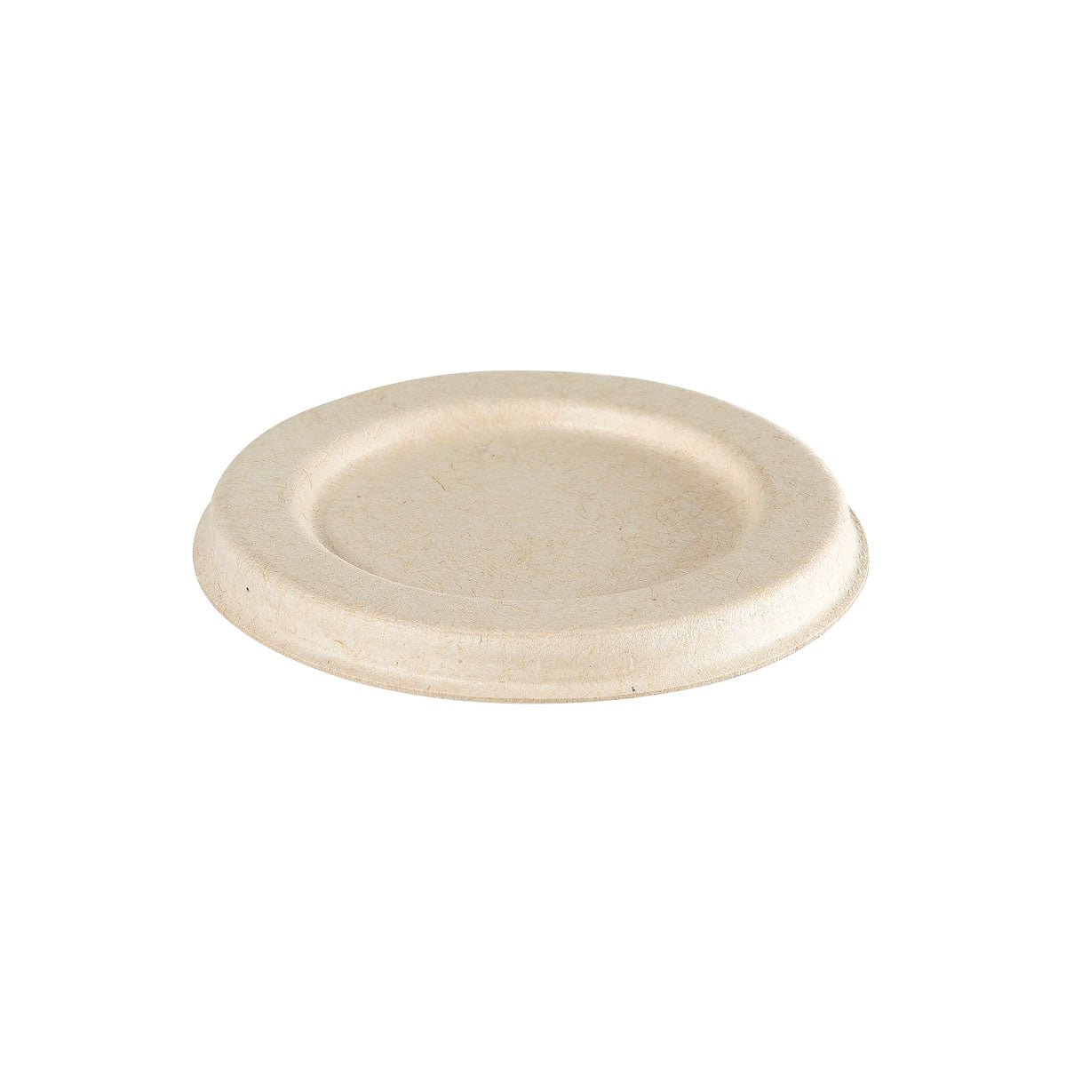 Un coperchio bianco rivestito in bagassa (coperchio per bicchiere da condimento 30/60 ml, rivestito in PBAT/PLA, 65x65x8) della Duni GmbH, realizzato in materiale a base di fibre, raffigurato su sfondo bianco. Confezione: 150 pezzi.