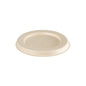 Un coperchio bianco rivestito in bagassa (coperchio per bicchiere da condimento 30/60 ml, rivestito in PBAT/PLA, 65x65x8) della Duni GmbH, realizzato in materiale a base di fibre, raffigurato su sfondo bianco. Confezione: 150 pezzi.