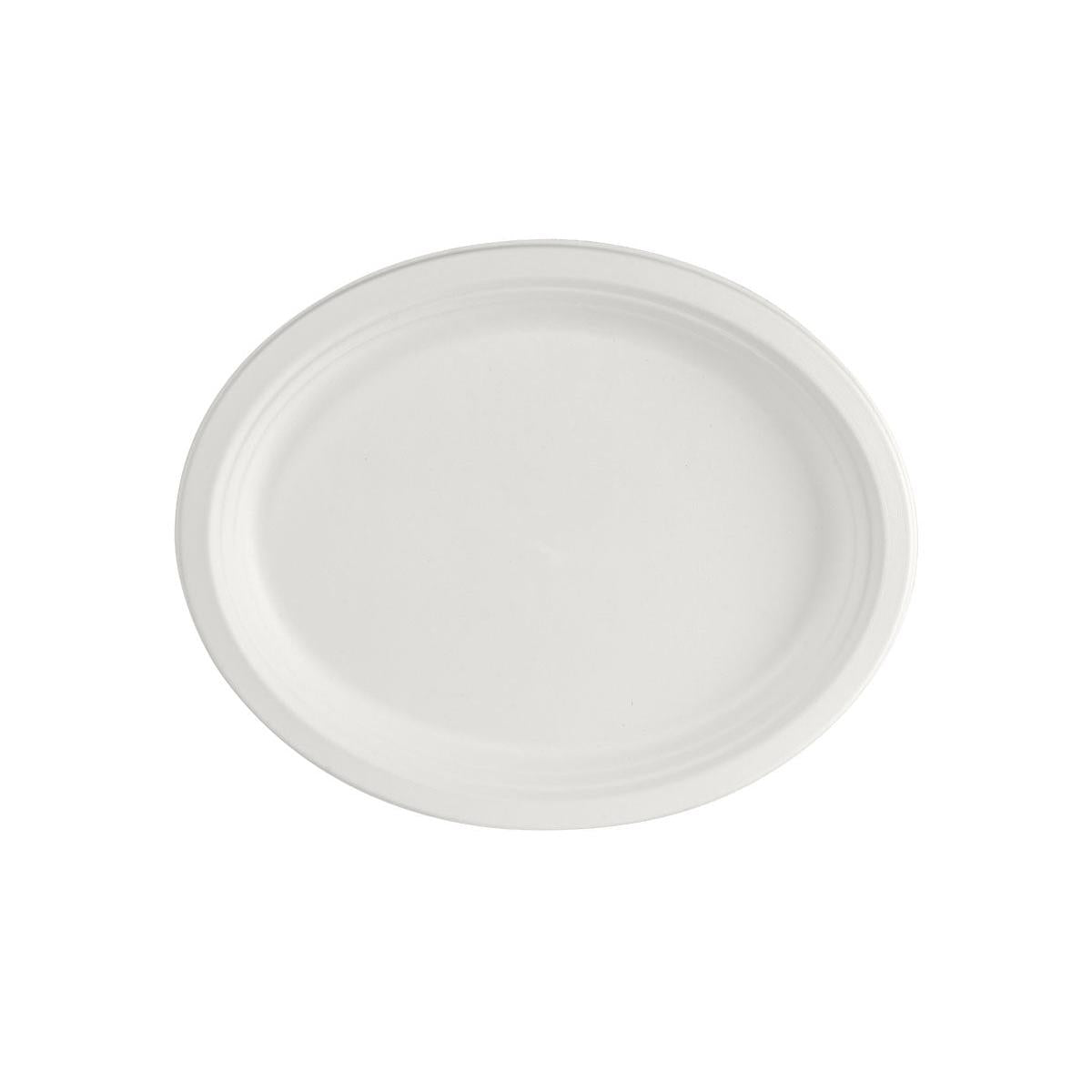 Il piatto ovale crudo bianco Bagasse 32 cm di Duni GmbH (confezione da 150 pezzi) è biodegradabile, ecologico e ha un bordo rialzato - ideale come stoviglie monouso sostenibili.