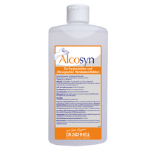 Eine weiße Kunststoffflasche mit der Aufschrift "Dr. Schnell ALCOSYN Händedesinfektion" der DR.SCHNELL GmbH & Co. KGaA mit blauen und orangefarbenen Akzenten zeigt die deutsche Gebrauchsanweisung für ein hautfreundliches Händedesinfektionsmittel.