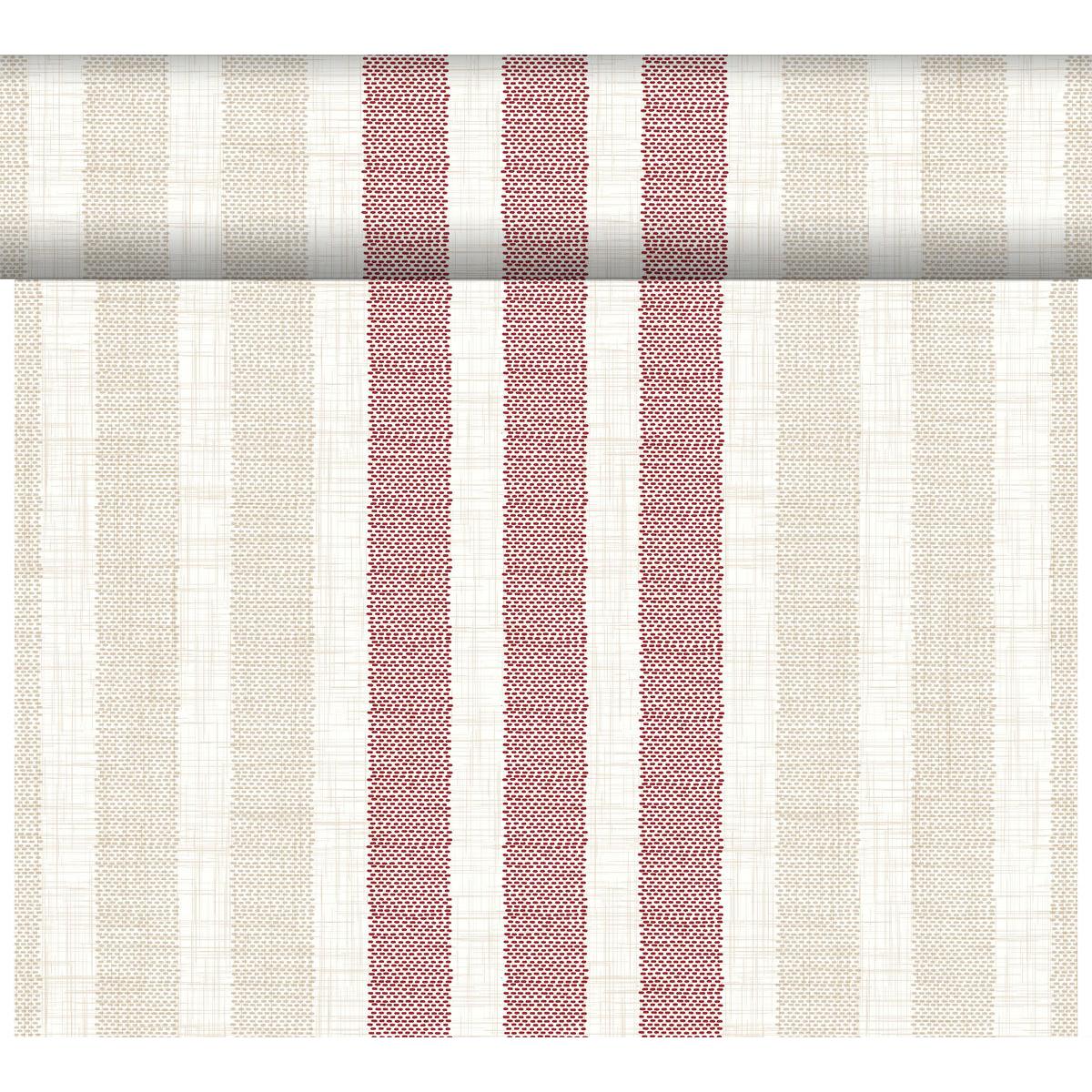 DC-Tete a Tete 0,4x24m Rigato bordeaux von Duni GmbH zeigt elegante beige und rote Streifen in verschiedenen Breiten auf einem cremefarbenen Untergrund - perfekt für stilvolle Tischdekorationen oder Nähprojekte. Die Packung enthält 1 Rolle.