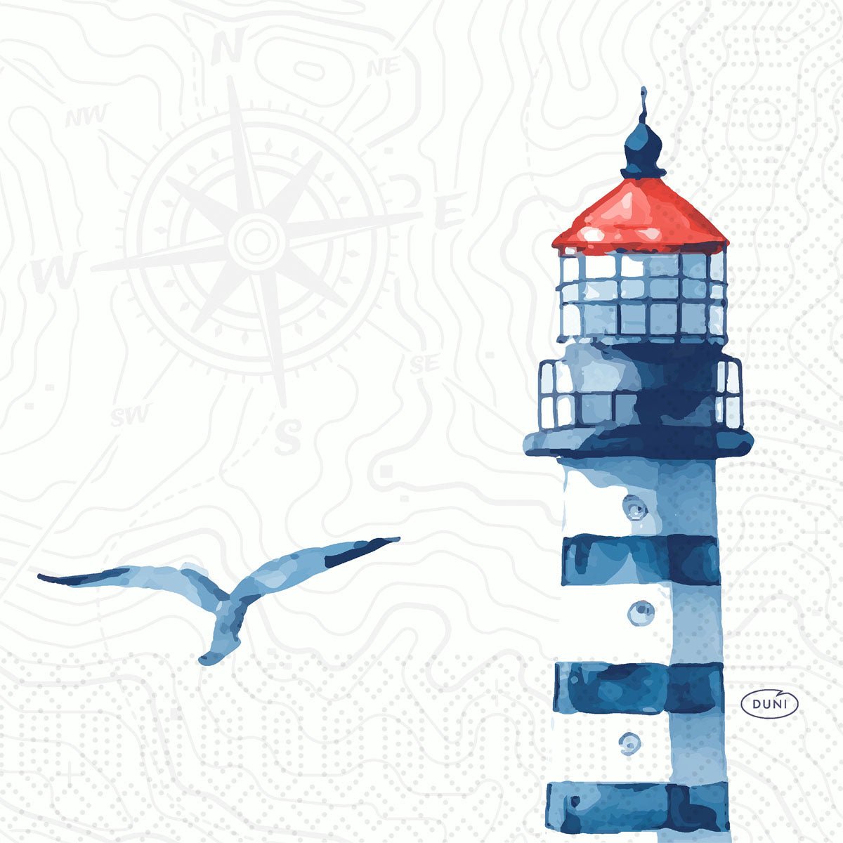Un faro a strisce acquerello con tetto rosso e uccello in volo adorna i tovaglioli Zellt.-Serv. 33 3lg 1/4 Mare Gioia (Duni GmbH, 250 pezzi) con una rosa dei venti e linee di carte - ideale per una decorazione da tavola marittima.