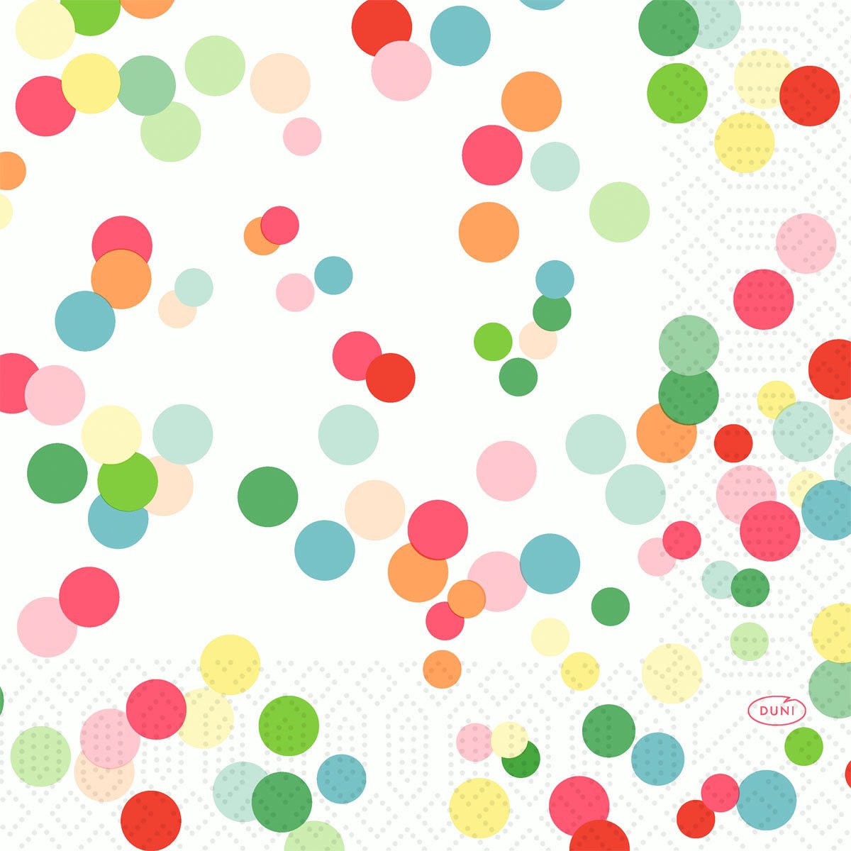 Cerchi pastello giocosi e colorati su sfondo bianco, accentuati da linee punteggiate deboli e un ovale rosso "Duni" - ideale per Zellt.-Serv.33 3lg 1/4 - Happy Bubbles | Confezione (250 tovaglioli) di Duni GmbH.