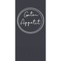 Dunkelgraues, rechteckiges Design mit kreisförmigem Doppelrand und handgeschriebenem "Guten Appetit" in der Mitte, dazu ein dezentes Punktmuster - ideal für Duni GmbH Zellt.-Serv. 33 cm 2lagig 1/8-Falz Appetit schwarz Servietten (Packung: 300 Servietten).