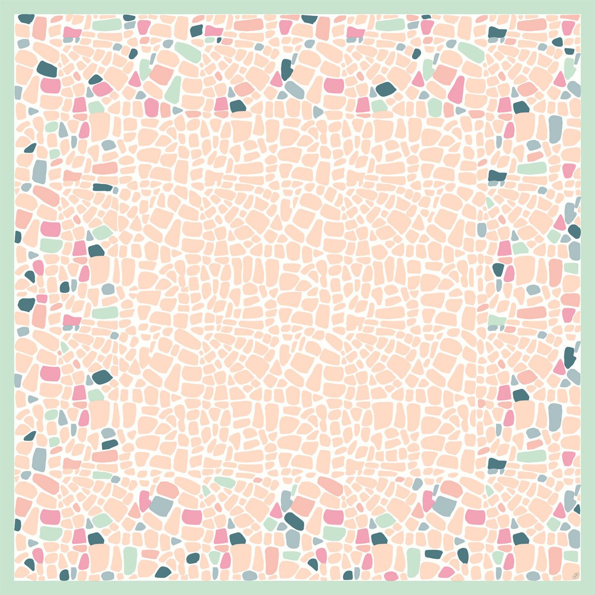 Il Dunicel-Mitteld.84x84cm Ocean Pebbles 20P. della Duni GmbH presenta un motivo a mosaico di piastrelle in pesca, rosa, teal e verde menta, che forma una cornice quadrata con un centro chiaro e un bordo colorato - ideale per la tavola apparecchiata (confezione da 20 pezzi).