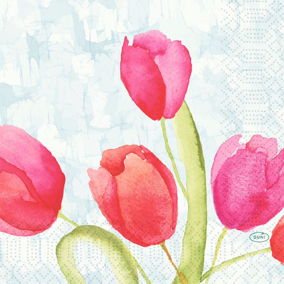 I tovaglioli Duni GmbH 33 cm 3 strati 1/4 piega Painted Tulips tovaglioli di carta (50 pezzi) presentano un design ad acquerello con tulipani rosa e rossi su sfondo azzurro a pois - ideali per decorazioni da tavola eleganti o tovaglioli di carta di alta qualità.