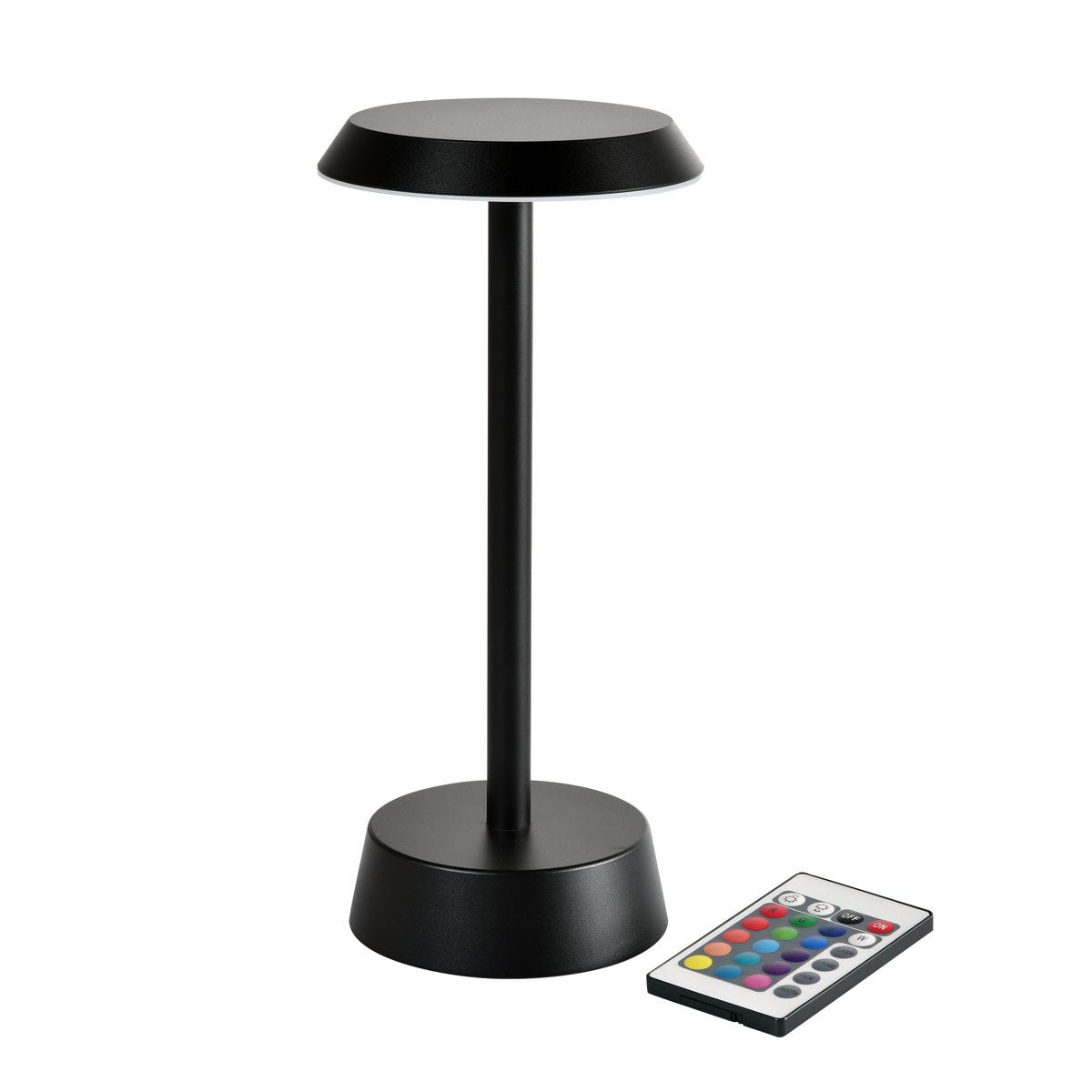La lampada a LED wireless NOUR in grafite di Duni GmbH, con design moderno e base rotonda, viene mostrata accanto a un telecomando con pulsanti colorati - perfetta per la decorazione del tuo soggiorno.