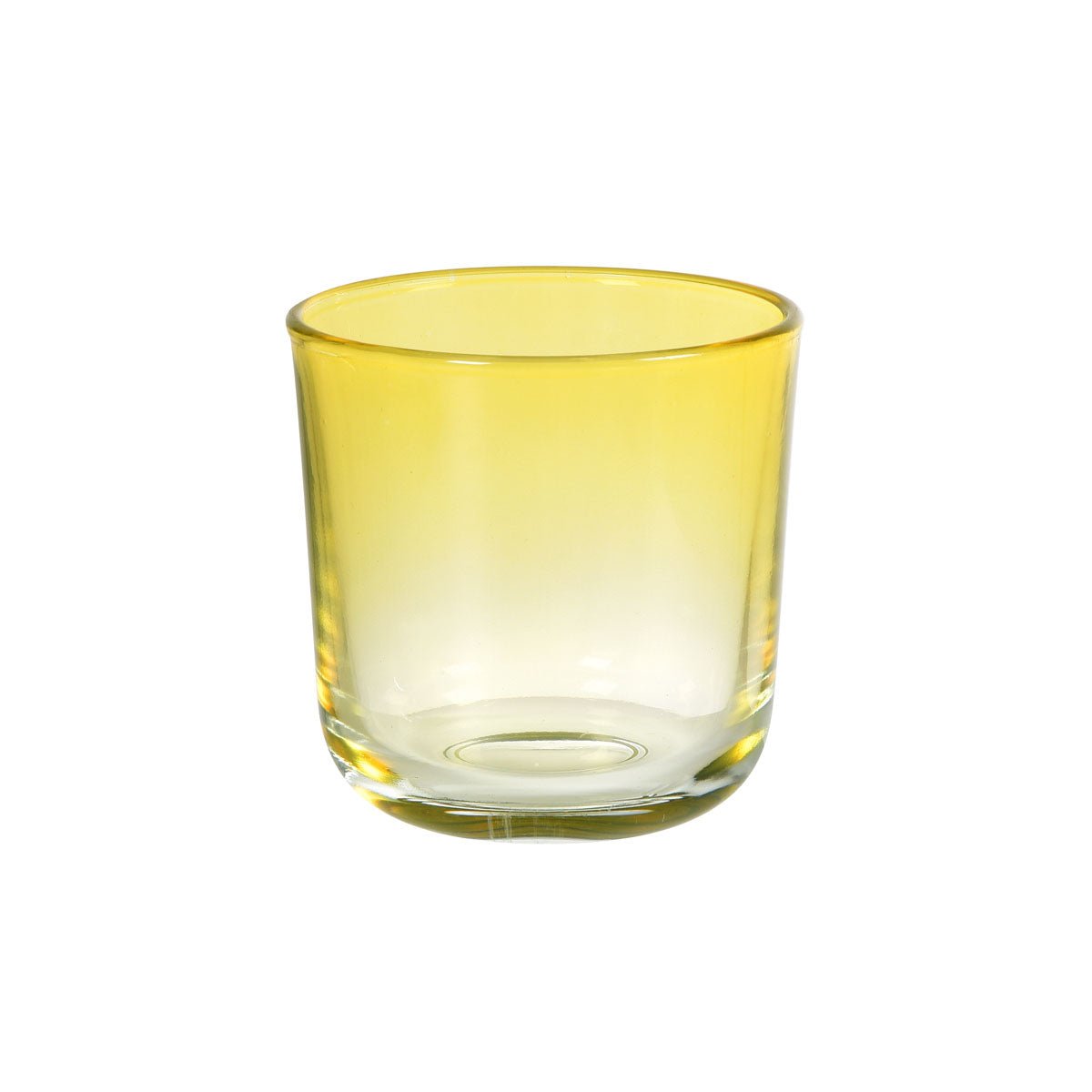 Un portacandele Switch & Shine giallo in vetro (81x72,5 mm) di Duni GmbH si trova su uno sfondo bianco. Il vetro di alta qualità ha una forma cilindrica liscia e un fondo spesso - ideale per un uso versatile. Confezione: 1 pezzo.