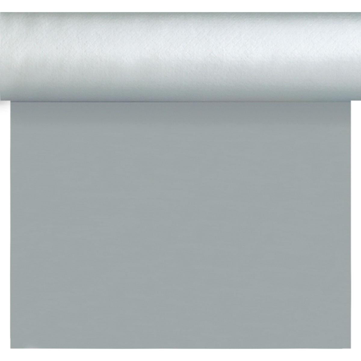 Un rotolo di Dunisilk Tete a Tete 0,4x24m argento di Duni GmbH è parzialmente srotolato con superficie liscia - ideale per decorazioni da tavola eleganti. La tovaglia di alta qualità (confezione da 1 pezzo) è presentata nella parte superiore dell'immagine.
