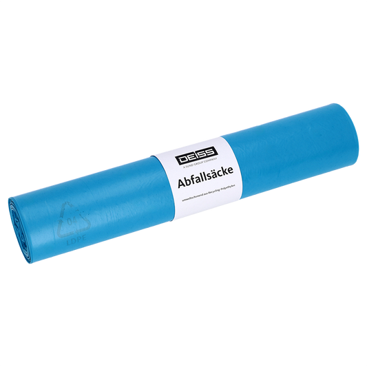 Eine Rolle DEISS 20770 Müllsäcke von EMIL DEISS KG (GmbH + Co.), Größe 575x1000 mm, Typ 60 blau, Packung mit 25 Stück, hat ein weißes Etikett mit dem Aufdruck "DEISS 20770 Verpackungsbeutel" und "Abfallsäcke" auf einem sauberen weißen Hintergrund.