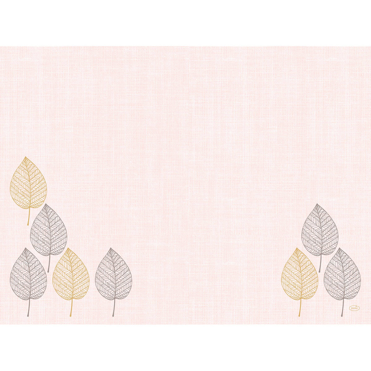 Ein blassrosa strukturierter Hintergrund mit gold und schwarz umrandeten Blättern in den unteren Ecken - ideal, um die Bio-Dunicel-Sets 30x40 Aspen | Packung (100 Stück) der Duni GmbH hervorzuheben. Die Mitte ist leer für zusätzliche Betonung.