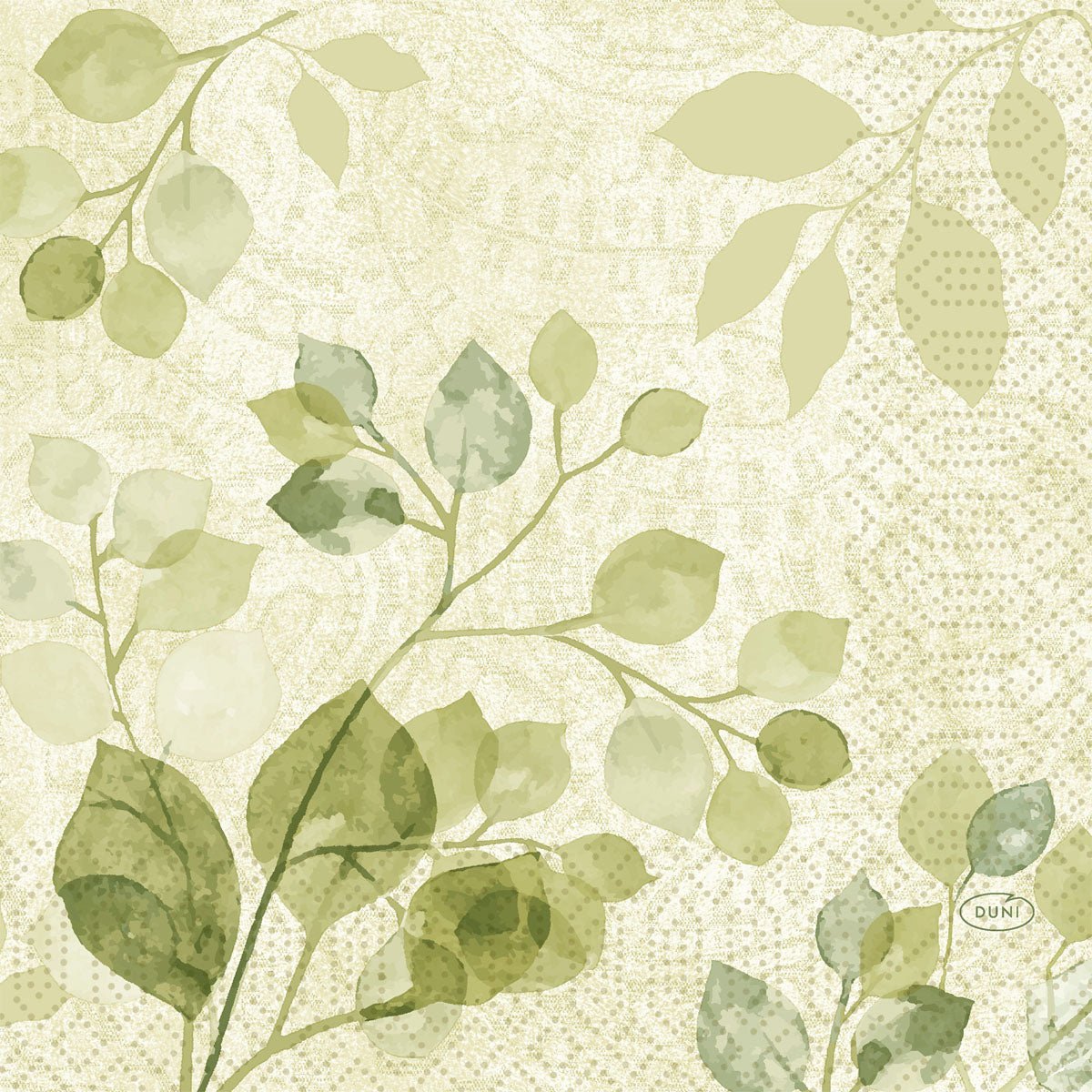 I tovaglioli Duni GmbH 33x33 3 veli 1/4 Paisley Blätter (50 pezzi) presentano un design ad acquerello con rami verdi e fogliosi su un beige chiaro e motivi paisley sottili, offrendo un aspetto morbido e naturale con dettagli delicati e strutturati.