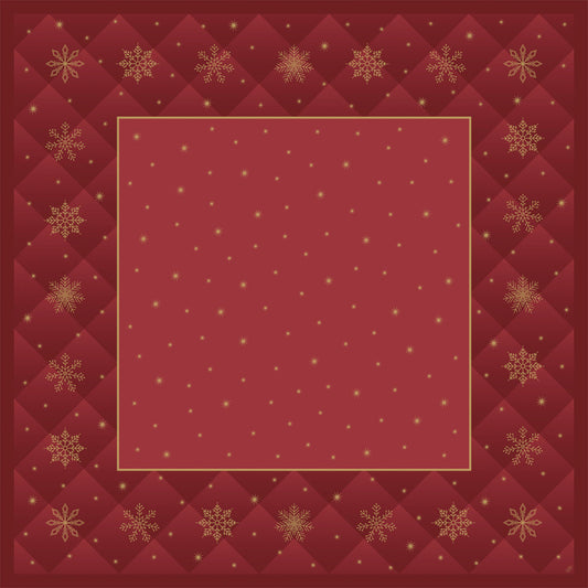 Ein rotes Quadrat mit goldener Umrandung und weihnachtlichen Schneeflocken - ideal, um Ihre Duni GmbH Bio-Dunicel-Mitteldecke 84x84cm Rhombus bordeaux (20 Stück) als nachhaltigen Tischbelag für die Feiertage zu verwenden.