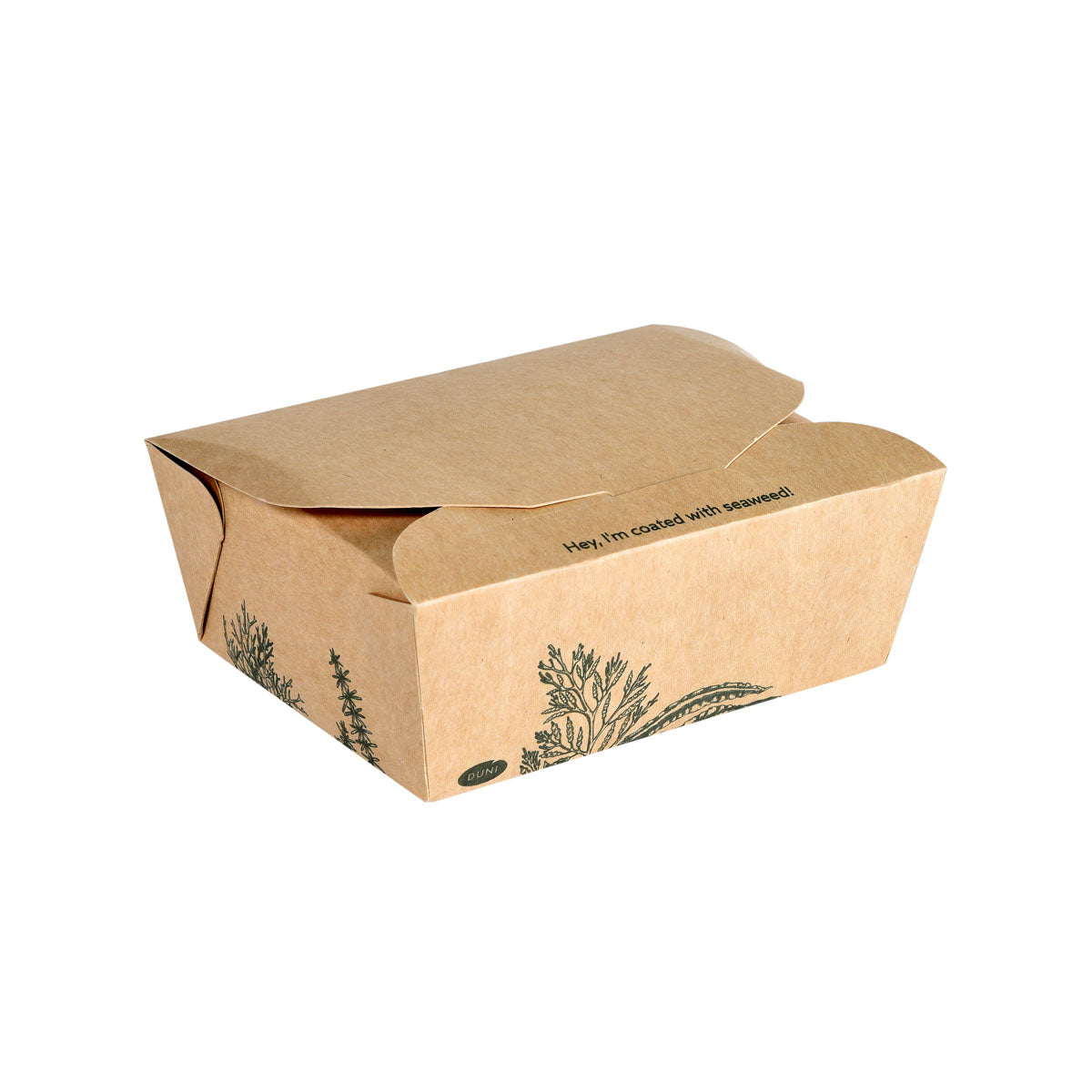 Die Alga Box 1200ml 120x110x62mm, braun | Karton von Duni GmbH ist eine geschlossene braune Box mit schwarzen botanischen Illustrationen und "Hey! Ich bin mit Algen bedeckt!" auf der oberen Klappe - eine umweltfreundliche Verpackung für Lebensmittel zum Mitnehmen.