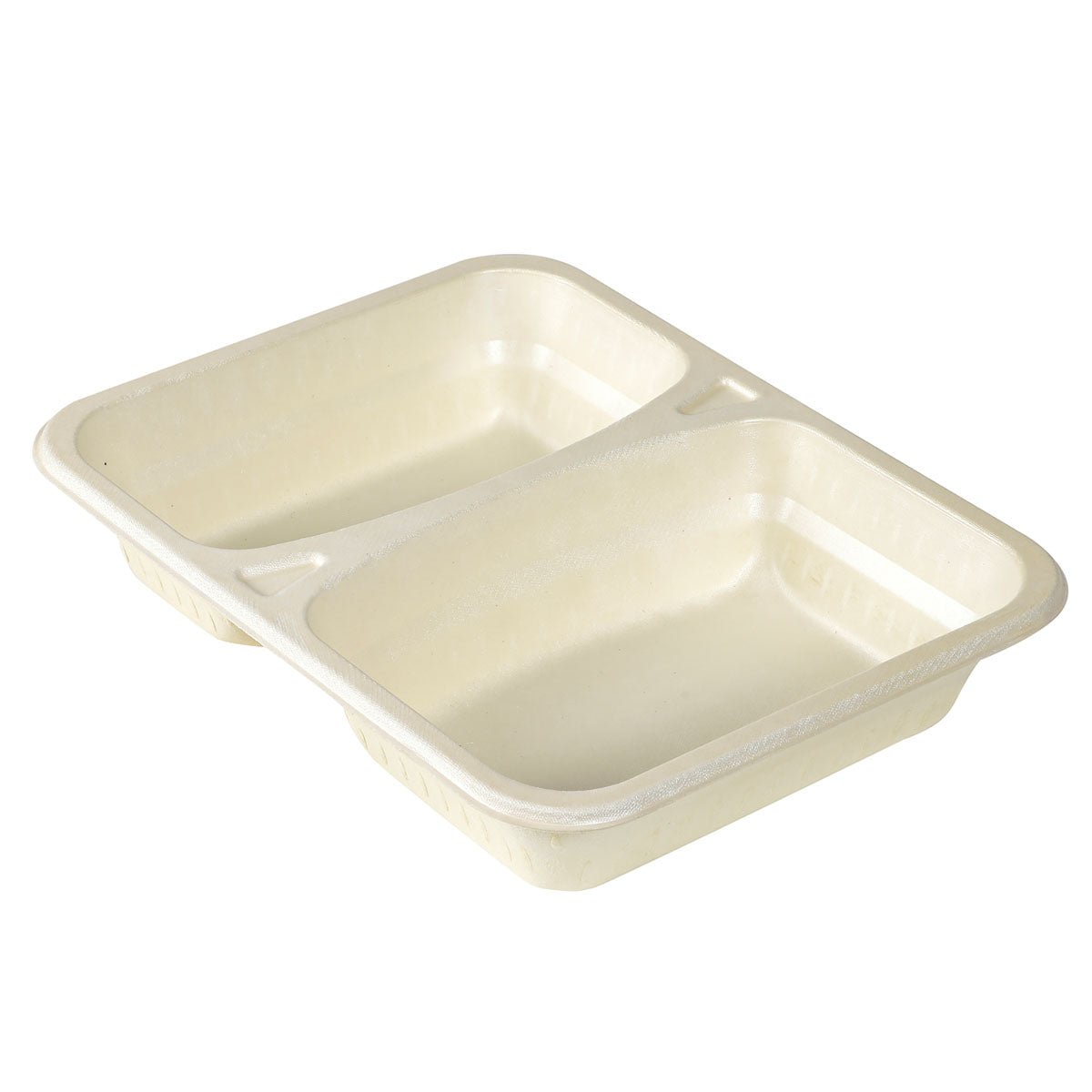 Un vassoio rettangolare in FIBER color beige (227x178x45mm) di Duni GmbH, 2 scomparti, realizzato in materiale ecologico - ideale per la ristorazione - su sfondo bianco. Confezionato come 1 cartone (confezione).