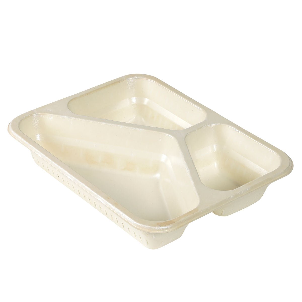 Su uno sfondo bianco si vede una ciotola FIBER color naturale di Duni GmbH (227x178x45mm, 3 scomparti) realizzata in materiale monouso sostenibile. La ciotola ha un grande e due piccoli scomparti per separare diversi cibi.